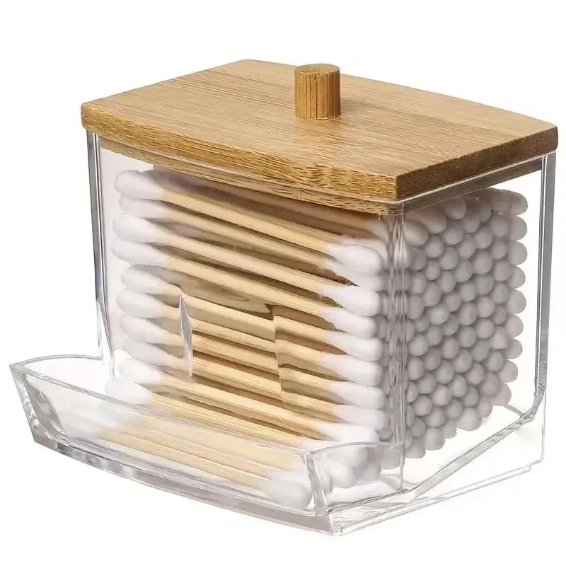 Cotton Swab Storage Box Double Head Cotton Buds Container Transparent Square Bamboo Cover Swab Toothpick Organize Box