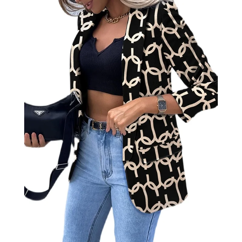 Blazer flower Autumn Lady Elegant Coats Fashion Turn-Down Collar Women Outerwear  Casual Simple Long Sleeve Jackets print full