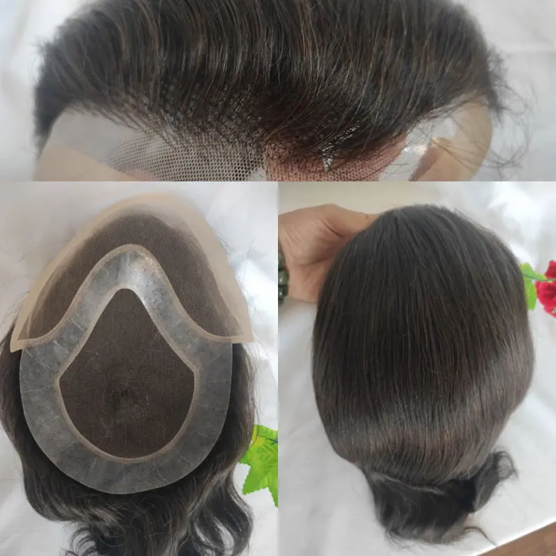 Toupee 남성용 인모 교체 시스템, 모노 얇은 피부 Pu 및 프렌치 레이스 프론트 헤어 피스, 남성용 가발 4 라이트 브라운
