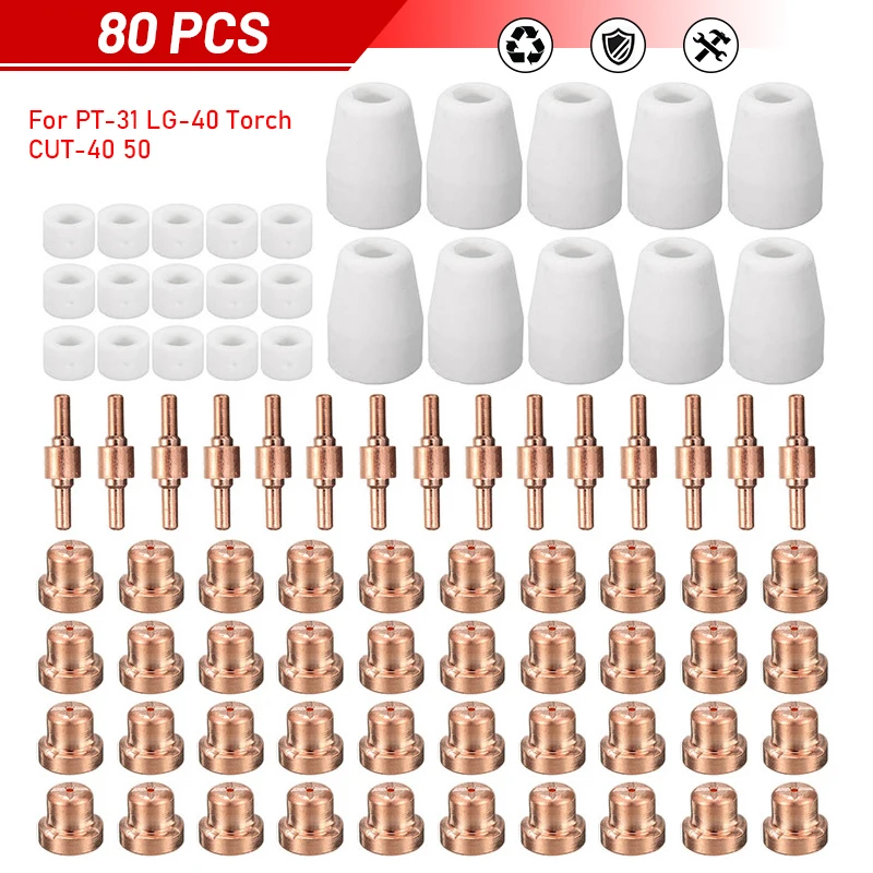 80Pcs/Set Plasma Cutter Comsumable Torch Electrode Accessory Tips For LG 40 PT 31 CUT40 CUT50