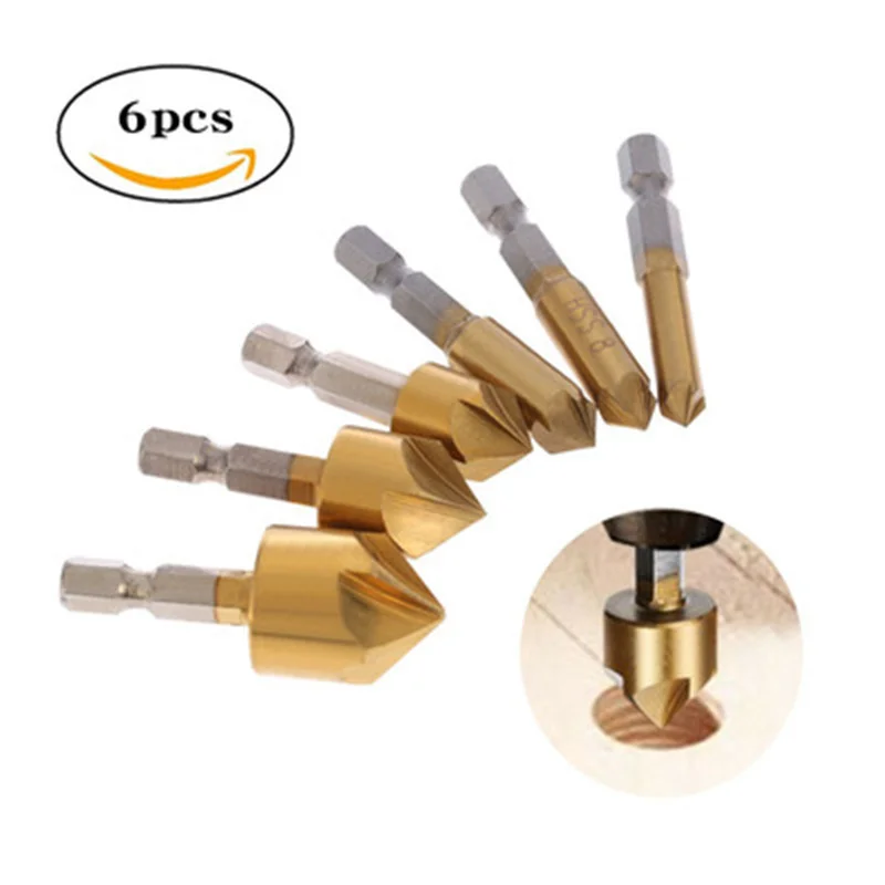 

HSS Woodworking Chamfering Cutter hole openers1/4'' Hex Shank five-blade Chamfering machine 90 Degree Countersink Drill 6-19mm