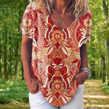 Retro Paisley Pattern T-Shirts Elegant Classic Floral Print Women's Short Sleeve Top Women V-Neck T Shirt Tee Oversized Clothing 1