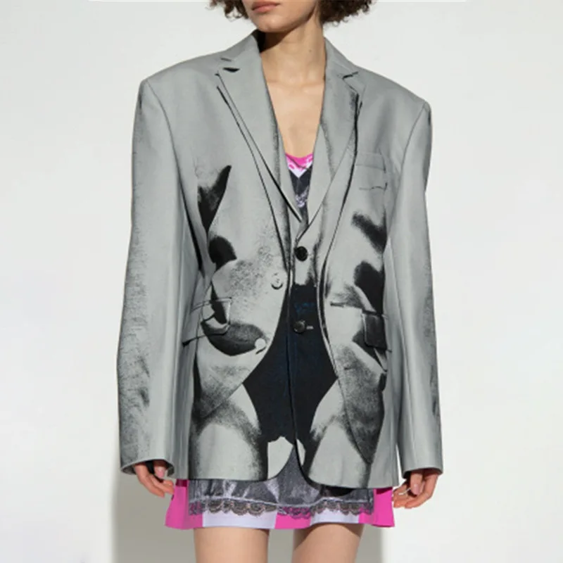 

SuperAen Fashion Women's 2023 Autumn New Design Print Contrast Fake Two Pieces Jacket Women