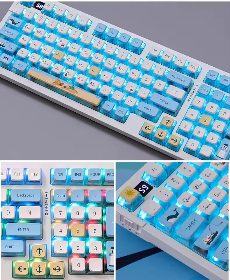 Summer Beach Ocean Pudim Keycaps Transparentes Keycaps Azuis Brancos da Baleia Sublimação Dupla Pbt 118 Keycaps Asa Chave - Imagem 3