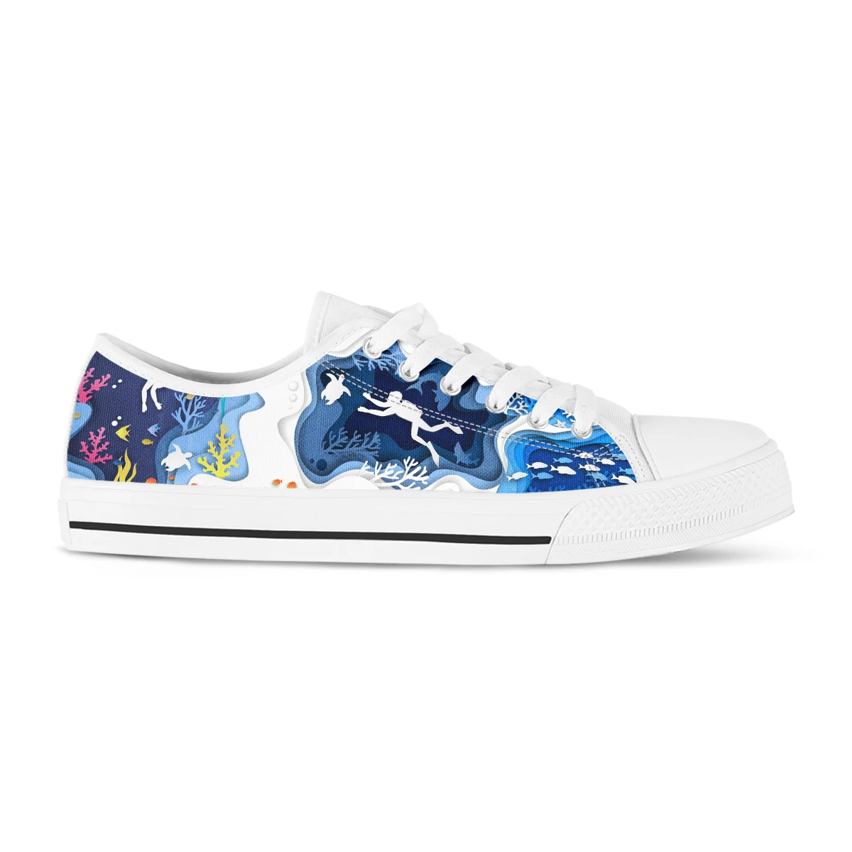 Blue White Sea Diving Pattern Low Top Women's Canvas Shoes New Style Women's Casual Shoes Comfort Sneakers