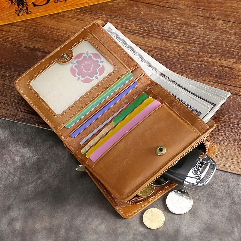 

Amazon Hot Oil Wax Leather Men's Short Wallet Zipper Bag Coin Wallet Multi-function Wallet RFID Multi-card Position