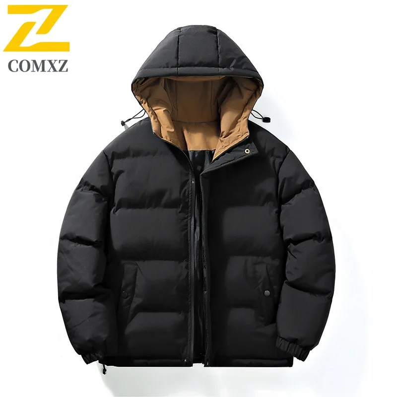 COMXZ 2025 New Men's Fake Two-Piece Cotton Jacket Winter Warm Thickened Hooded Windproof Casual outdoor sports tactics Outerwear