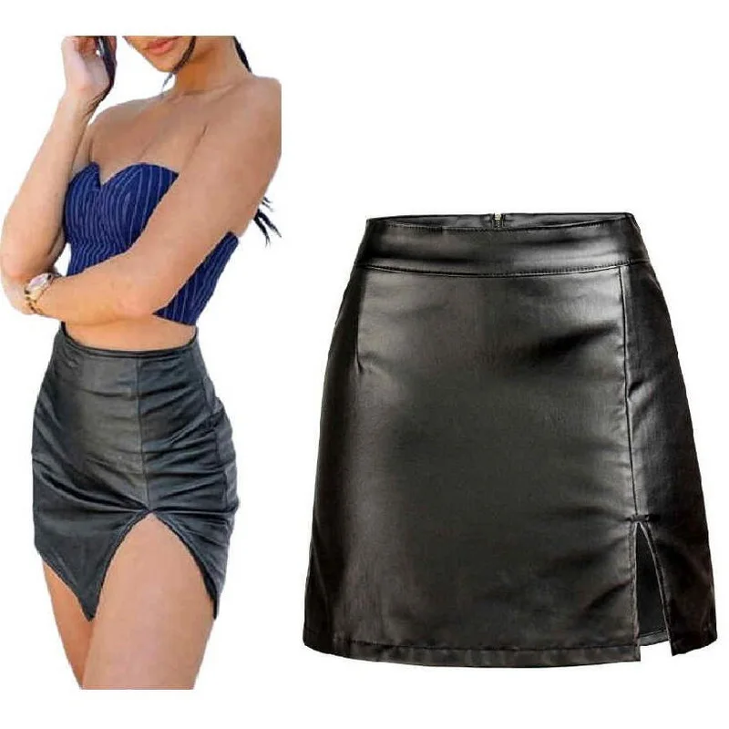

PU Leather Plush Skirt, Black, PU, Wrapped Hip, Side Edge, Split, Autumn, Winter Skirts