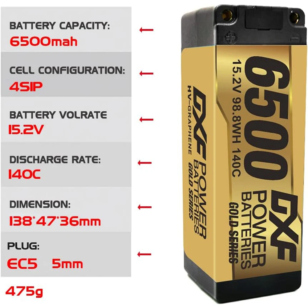 DXF Lipo 6500mAh 4S 14.8V 15.2V Grade A Li-Poly LCG HV Battery Hardcase with XT90 EC5 Connector for RC Model Car Boat Truck 4