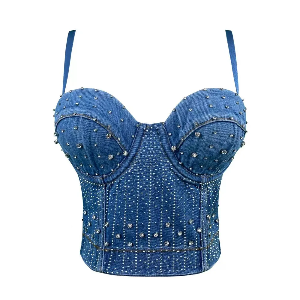 

Women Sexy Designer Diamonds Denim Camisole Tops Summer 2023 High Street Short Camis Crop Tops