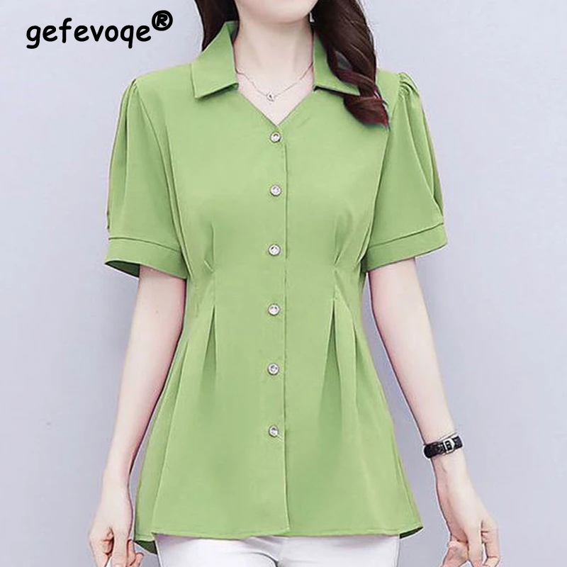 

Elegant Fashion Office Lady Solid Color Folds Button Shirt Summer 2023 Polo-Neck Short Sleeve Loose Tunic Tops Women's Clothing
