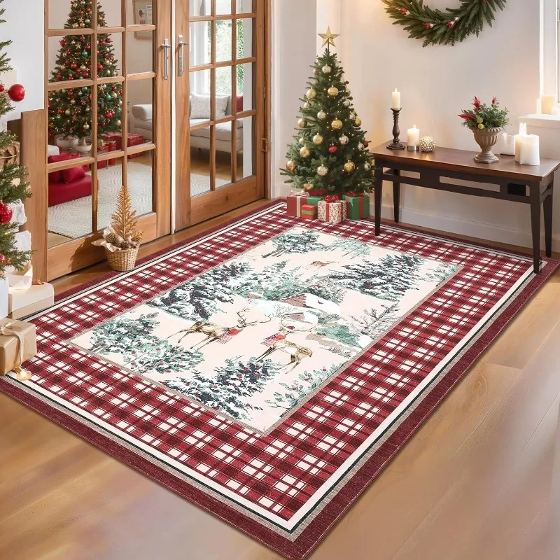 Christmas Themed Living Room Carpet Creative Plaid Reindeer Print Bedroom Rugs Machine Washable Non-slip Soft Plush Sofa Mats 러그