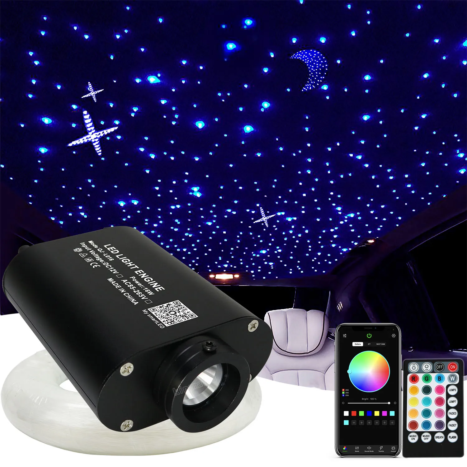 DC12V 16W RGBW Fiber Optic Star Ceiling Light Kit APP Mixed Fibers Cable  LED Engine for Car Roof Starry Sky Fiber Optic Light