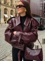 Elegant Women Long Sleeve Leather Jacket Vintage Turn-down Collar Female Short Coat Autumn New Ladies Locomotive Tops Outwear 1