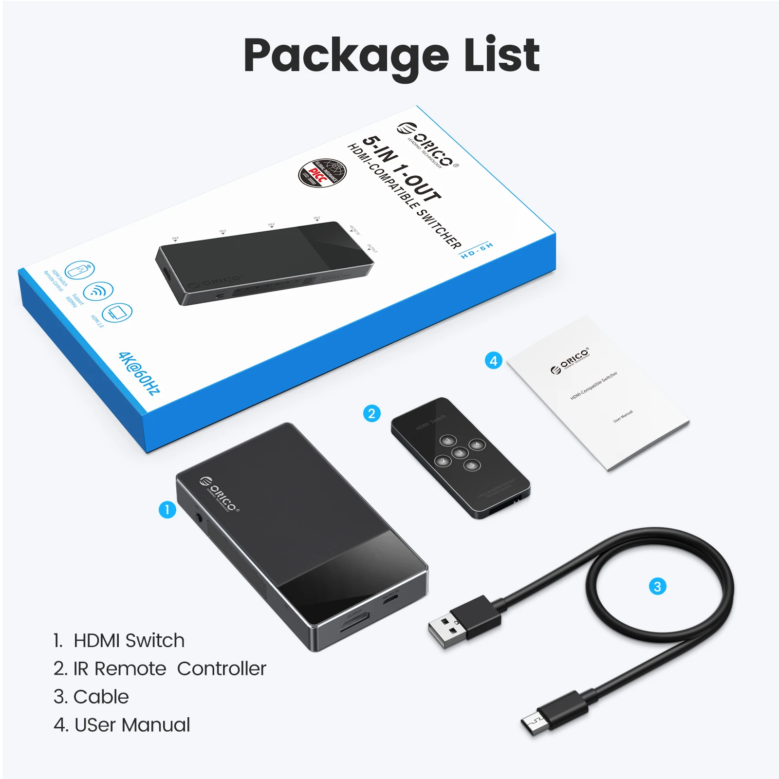 ORICO HDMI ȣȯ 2.0 ġ, IR  , TV PS5 Xbox PC ̾ ƽ , 5 in 1 Out, 4k @ 60HZ