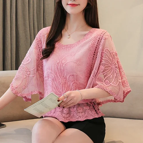 여성용 우아한 루즈 레이스 화이트 블라우스, 캐쥬얼 및 시크 솔리드 할로우 아웃 반팔 셔츠, 스위트 탑, 4073, 여름 신상 2