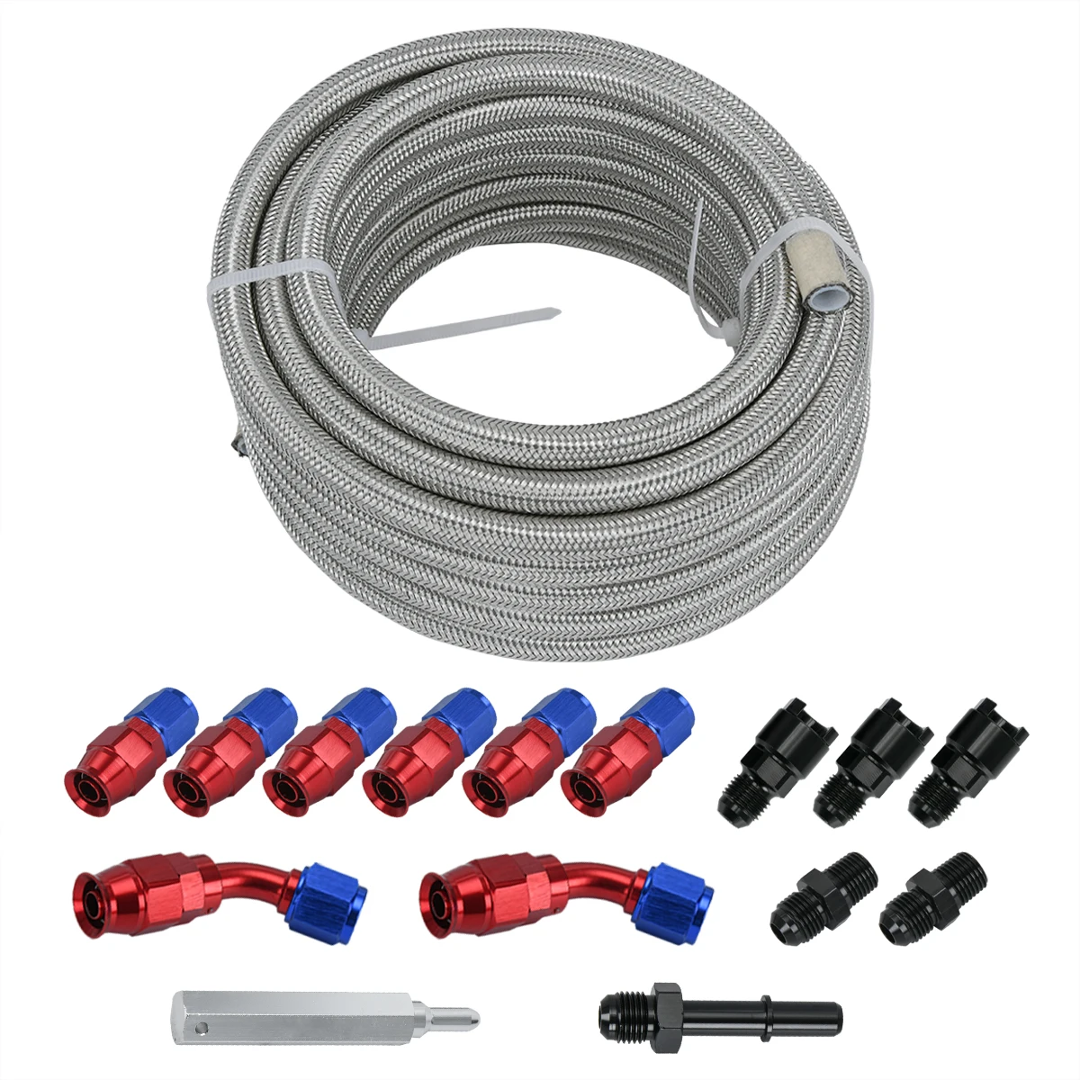 25 FT 6AN 3/8 PTFE Stainless Steel Braide Oil Fuel Hose Line +AN6 Oil Fuel  Fittings Hose End 0 45 Degree Oil Adaptor Kit - AliExpress