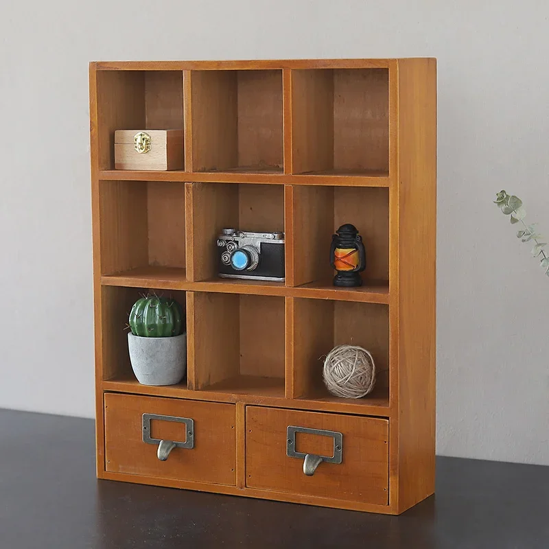 

Vintage Nine Grid Two Drawers Storage Box Simple Wooden Display Rack Multi-functional Household Desktop Sundry Take in Cabinet