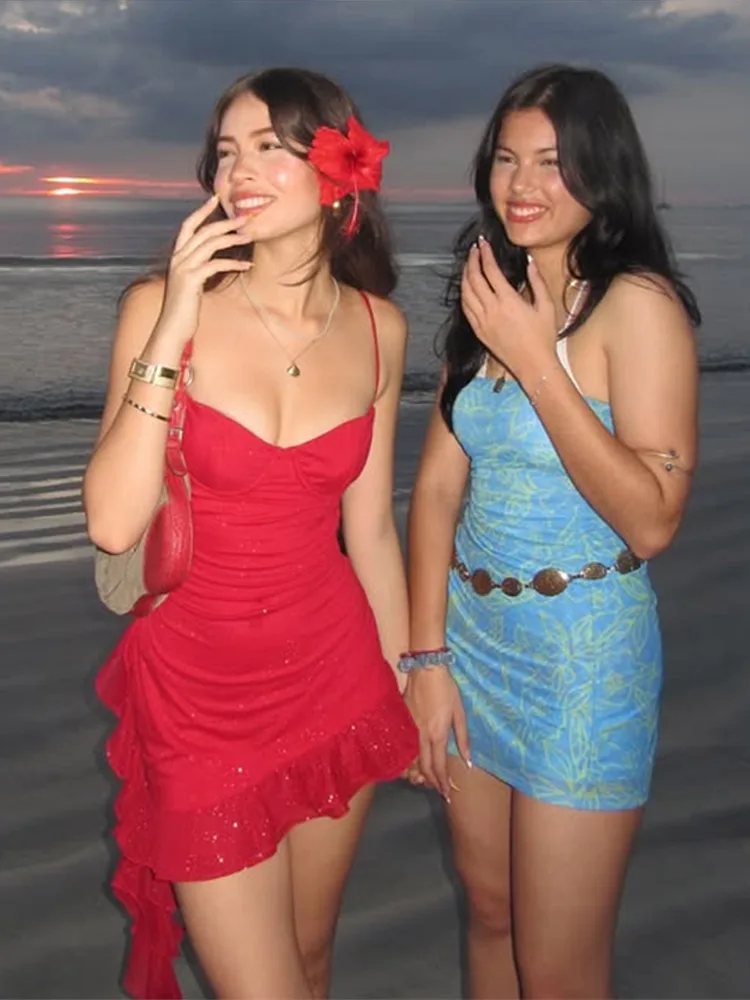 Sexy Sequined Ruffle Sling Dress Women Red Shiny Sleeveless Backless Short Dresses 2025 Spring Summer Lady Vacation Party Robe 4