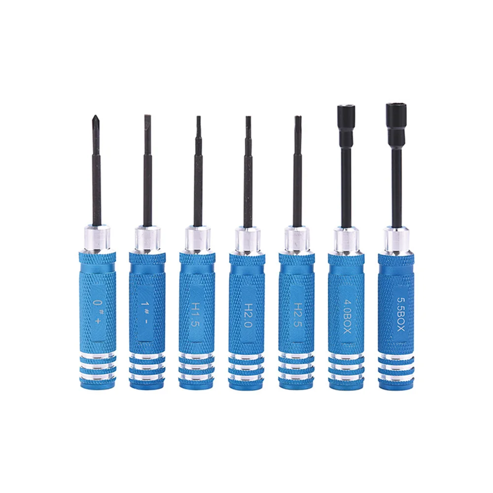 Tournevis hexagonaux colorés (bleu, noir, rose) pour RC, présentés sur fond blanc avec leurs embouts