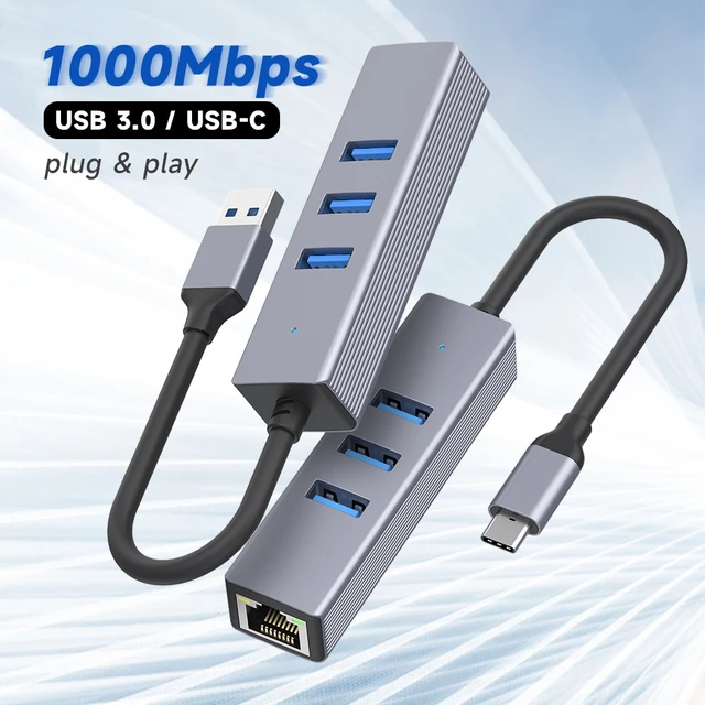 USB 3.0 Hub Ethernet with USB C Adapter, 3 Port USB 3.0 Splitter Gigabit Ethernet  Hub + USB C HUB Network RJ45 1000Mbps USB Extender 