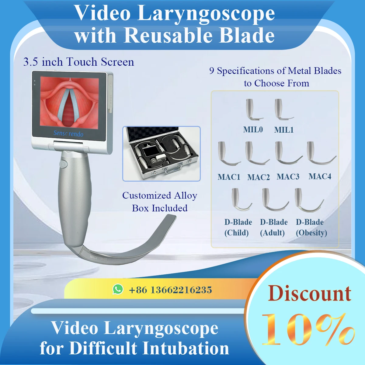 

Sensorendo Touchscreen Video Laryngoscope with Reusable Blades (MIL0/MIL1/MAC1/MAC2/MAC3/MAC4/D-Blade) for Anesthesia Intubation