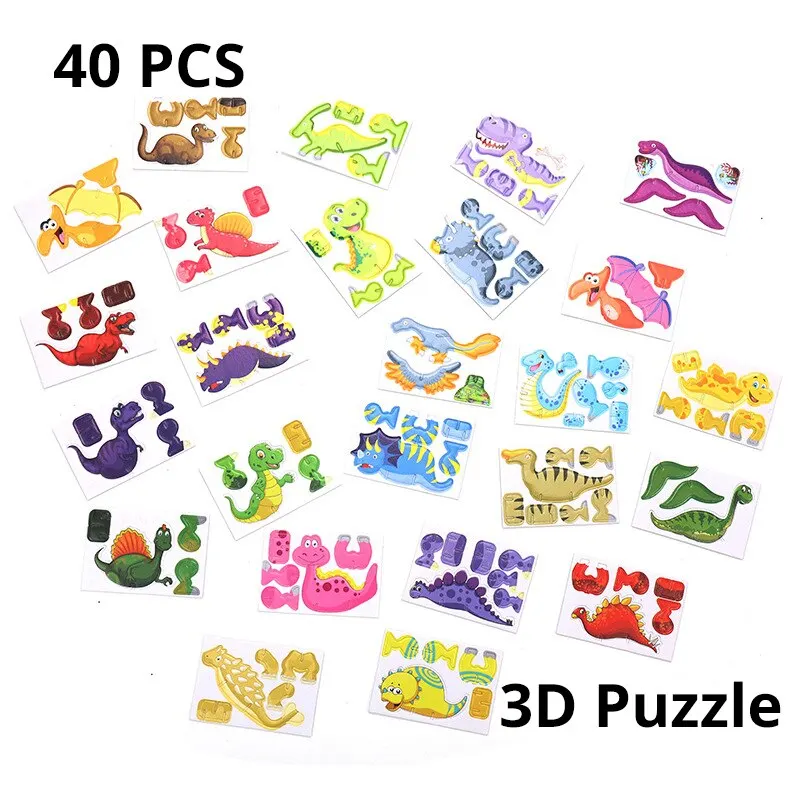 40Pcs Children Paper Dinosaur 3D Puzzle DIY Cute Cartoon Dinosaur Modeling Random Styles Animal Model Toy