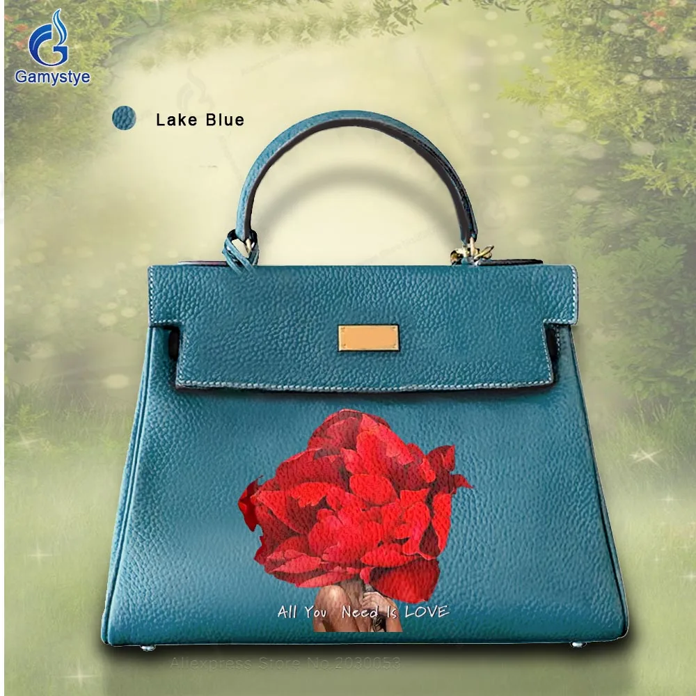 

KALI PrintRed flowersbags Handmade Women Handbag For Ladies Genuine Leather Should Bags Soft Cow Luxury Designer Totes