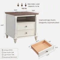 24'' Farmhouse End Table w/4 Solid Wood Feet, Large 2 Drawers Wide Sofa Side Table with Charging Station, Tall Rustic Wood 2