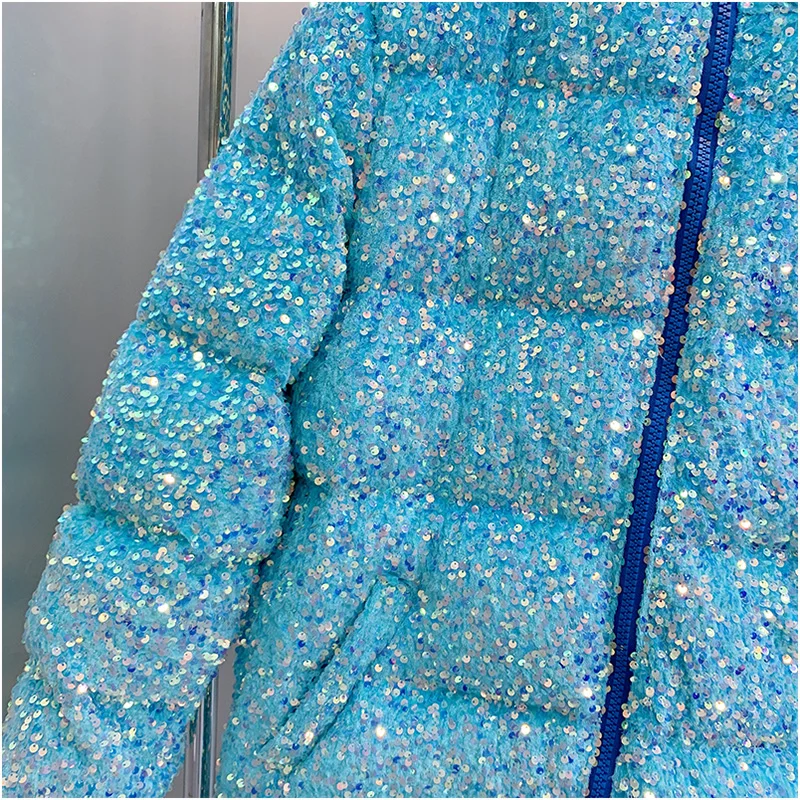 Long Colorful Sequined down Jacket Coat Women 2023 Winter New Heavy Industry Hooded Long Sleeve Thickened Warm Jacket Female