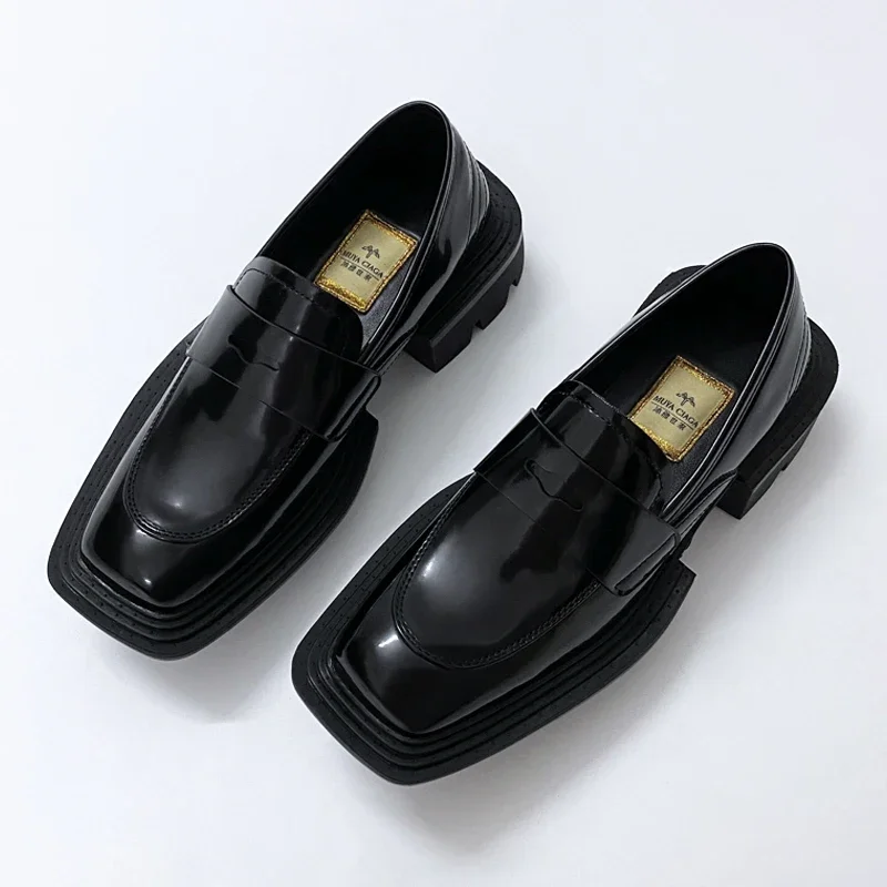 Men's Genuine Leather High Sole Casual Shoes Man Japan Korean Streetwear Vintage Square Toe Cowhide Leather Derby Shoes
