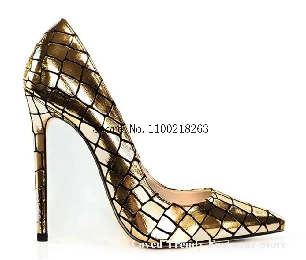 

Sexy Gold Silver Metal Snakeskin Leather Thin Heel Pumps Pointed Toe Slip-on Checked Stiletto Heel Dress Shoes Party Heels
