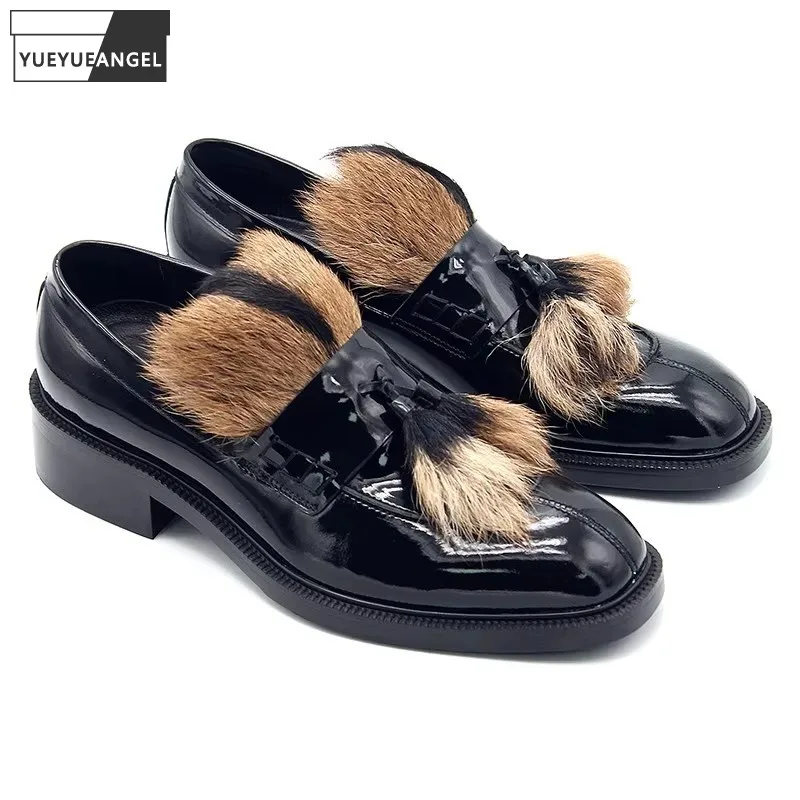 High Quality Men Dress Shoes Genuine Leather Luxury Fur Tassels Mens Business Casual Formal Shoes Black Slip-On Footwear Man