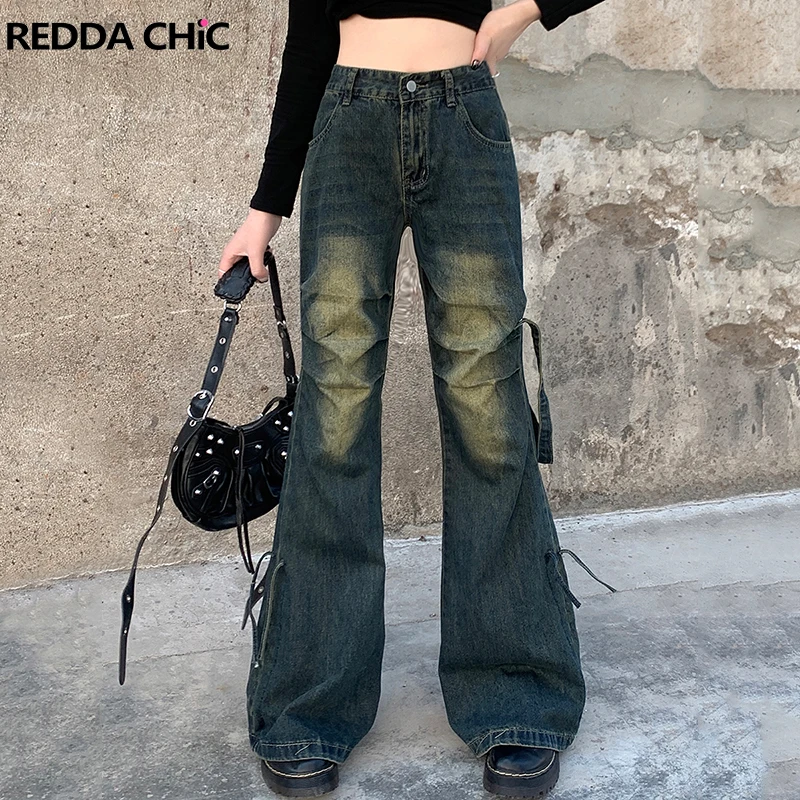 

ReddaChic Drawstring Ruched Flare Jeans Women 90s Retro High Rise Washed Belt Deconstructed Whiskers Pleated Y2k Bootcut Pants