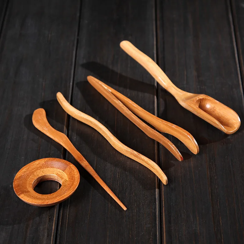 Wooden Tea Ceremony Utensils Set Bamboo Teaspoons Tea Needle Tea Tweezers Clip Strainer Tong Tube Teaware Kitchen Tools