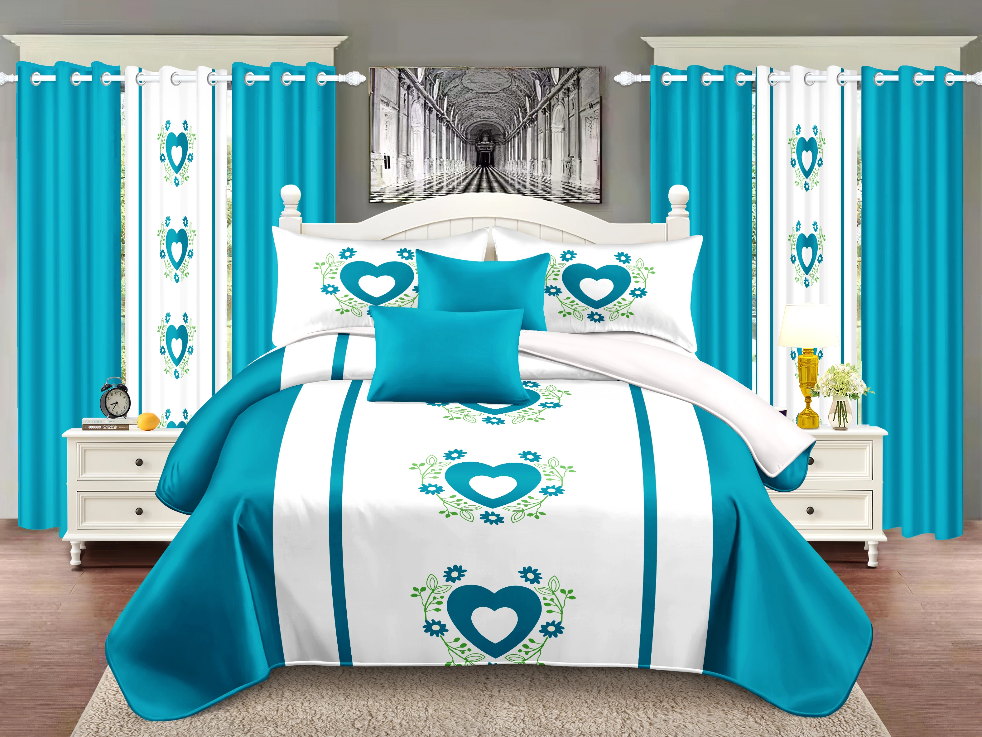 9 Pcs Comforter Bedding Set, Embroidery, QUEEN Size, 1pc Bedspread+2pcs Pillowcases+2pcs print curtains+2pcs solid curtains