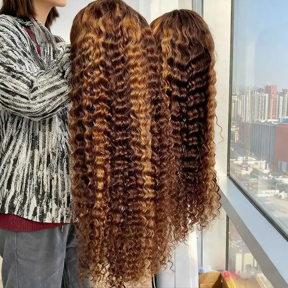 Highlight Curly Wig 13x4 Lace Front Wig Human Hair Wigs Glueless HD Deep Wave Lace Frontal Wig 4/27 Colored Wigs PrePlucked 2
