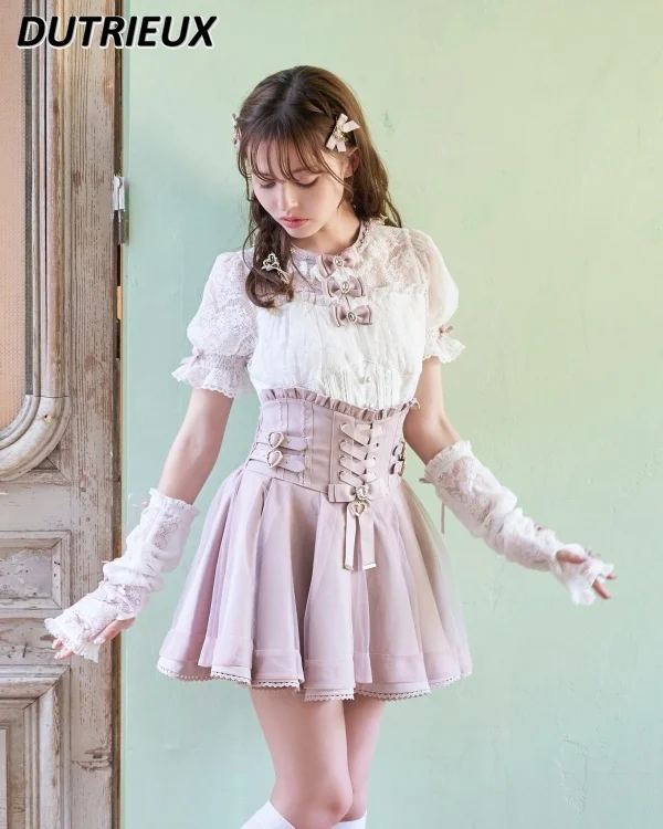 Mine Japanese Style Mass-Produced New Sweet High Waist Knotted Short Skirt Slimming Covering Mesh Belt Buckle A-line Mini Skirts