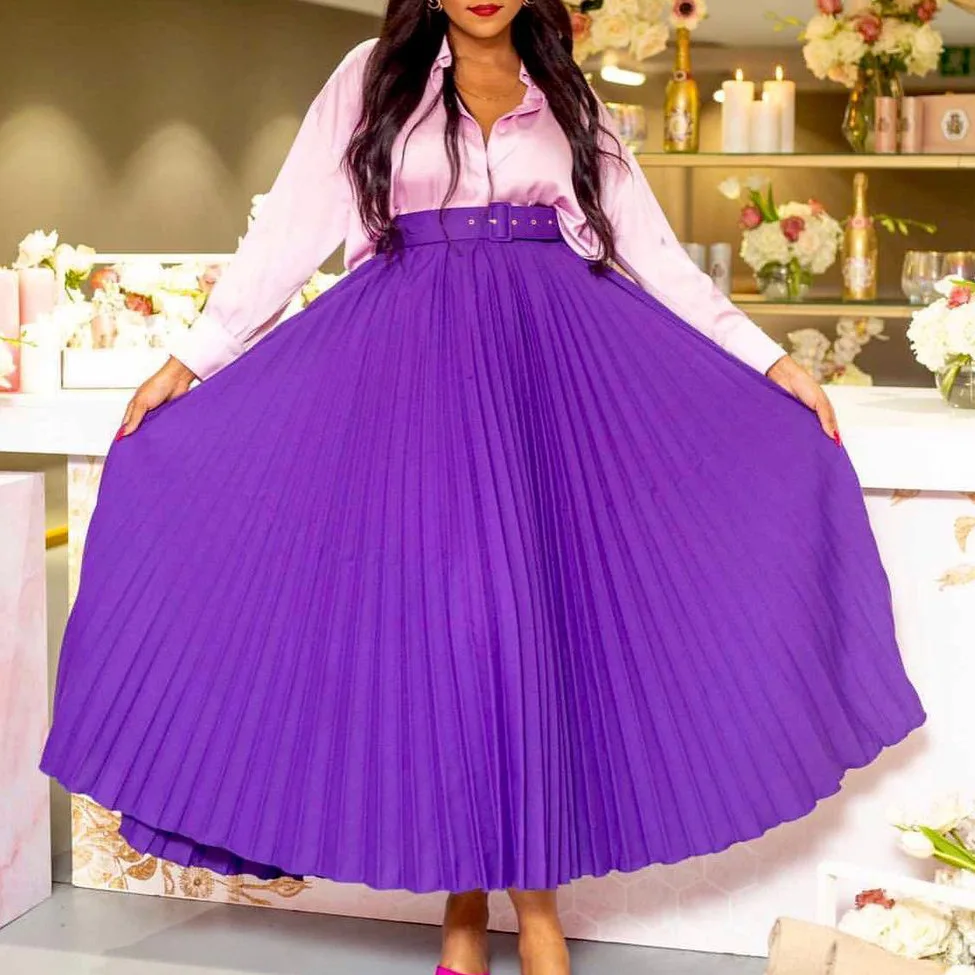 

2023 New Spring Summer Female High Waist Large Swing Pleated Solid A Line Mid Calf Skirt Belt Loose Women Office Lady Elegant