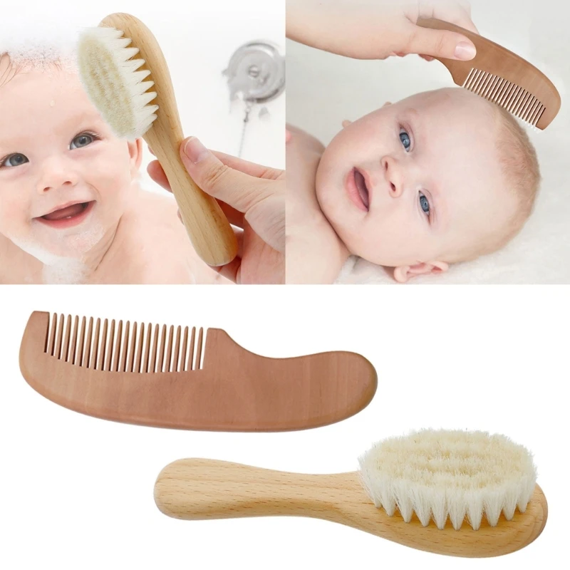 F1CB Baby Hair Brush & Comb Set Wooden Brush Newborn Massage Brush Care