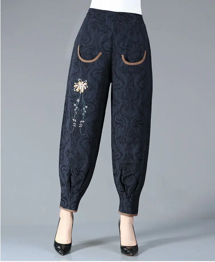 2023 New Spring and Summer Fashion Ethnic Style Embroidered High Waist Oversize Relaxed Radish Pants for the Middle and Elderly