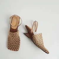 2024 Summer Luxury Designer Sandals Women's Lace Mesh Square Toe Shallow Narrow Strap Braided Slip-on High Heels Sandals - Image 5