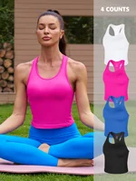 Attraco Women Sports Tank Tops 1PCS/3PCS/4PCS Solid U Neck High Elastic Built In Bras Racerback Breathable Fitness Camisole 1