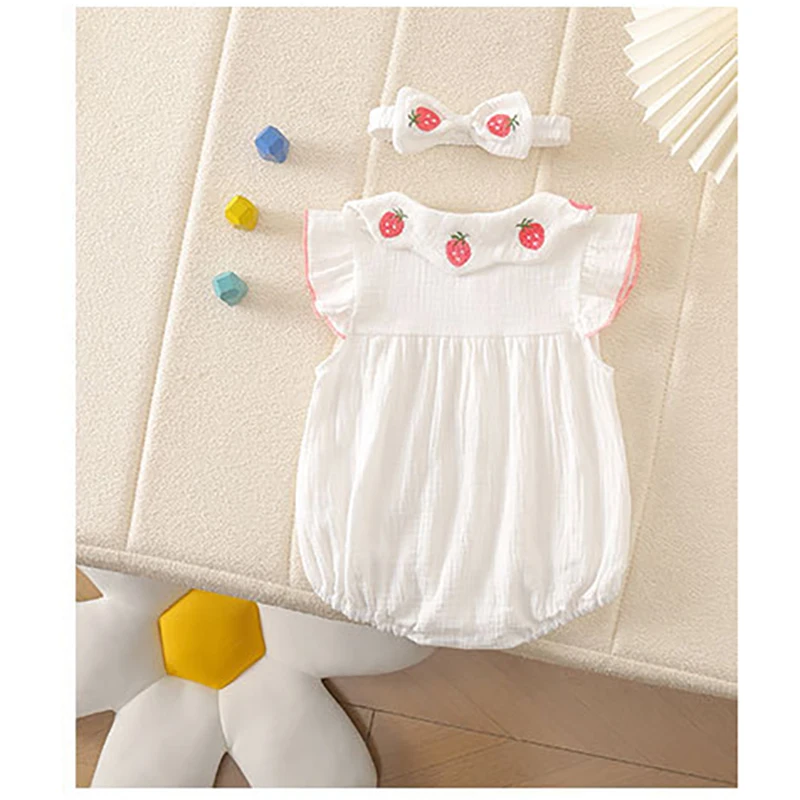Cotton Baby Jumpsuit for Girls with Strawberry Embroidery