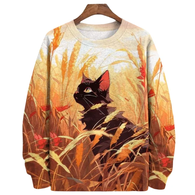 Japanese Samurai Cat Print Men's Sweatshirts Cotton Round Neck Long Sleeve Loose Pullover Autumn Oversized Men Clothing Tops 5XL 5