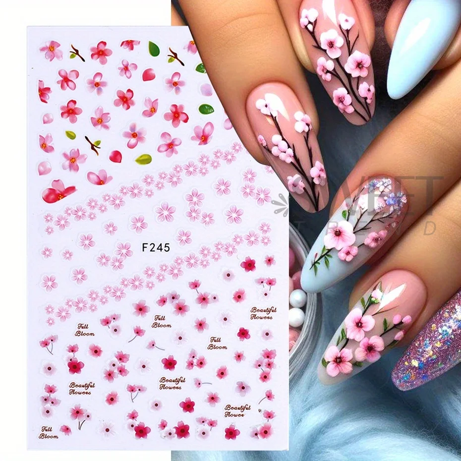 7pcs Pink Cherry Blossom Nail Stickers Romantic Sakura Flowers Design Decal Spring Summer Theme Elegant DIY Charm Manicure Foils