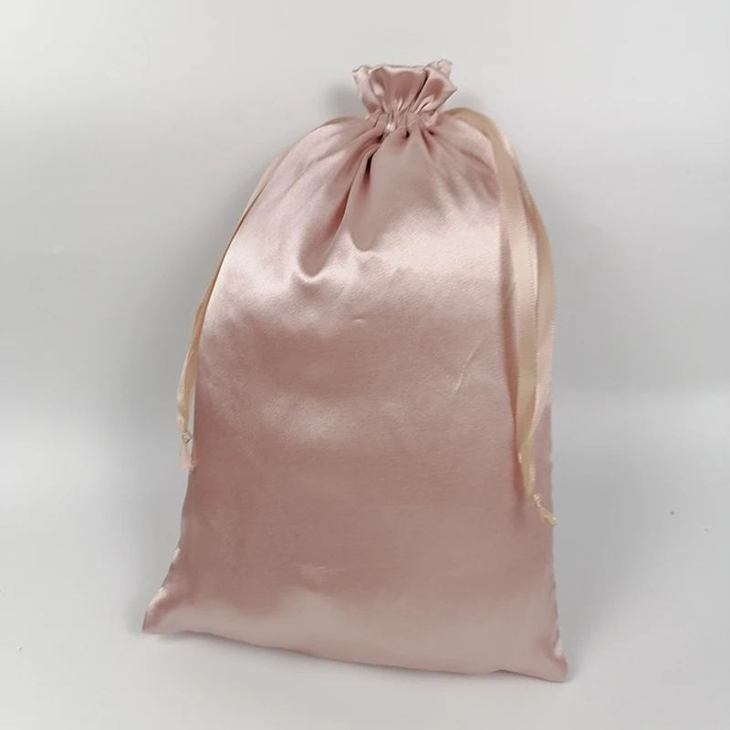 20PCS 사용자 정의 로고 로즈 골드 실크 새틴 Drawstring 가방 메이크업 신발 옷 버진 헤어 확장가 발 포장 가방 저장소