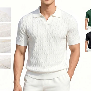 Maglietta POLO a Maniche Corte, T-shirt da Uomo con Colletto, Texture Intrecciata Stile Old Money