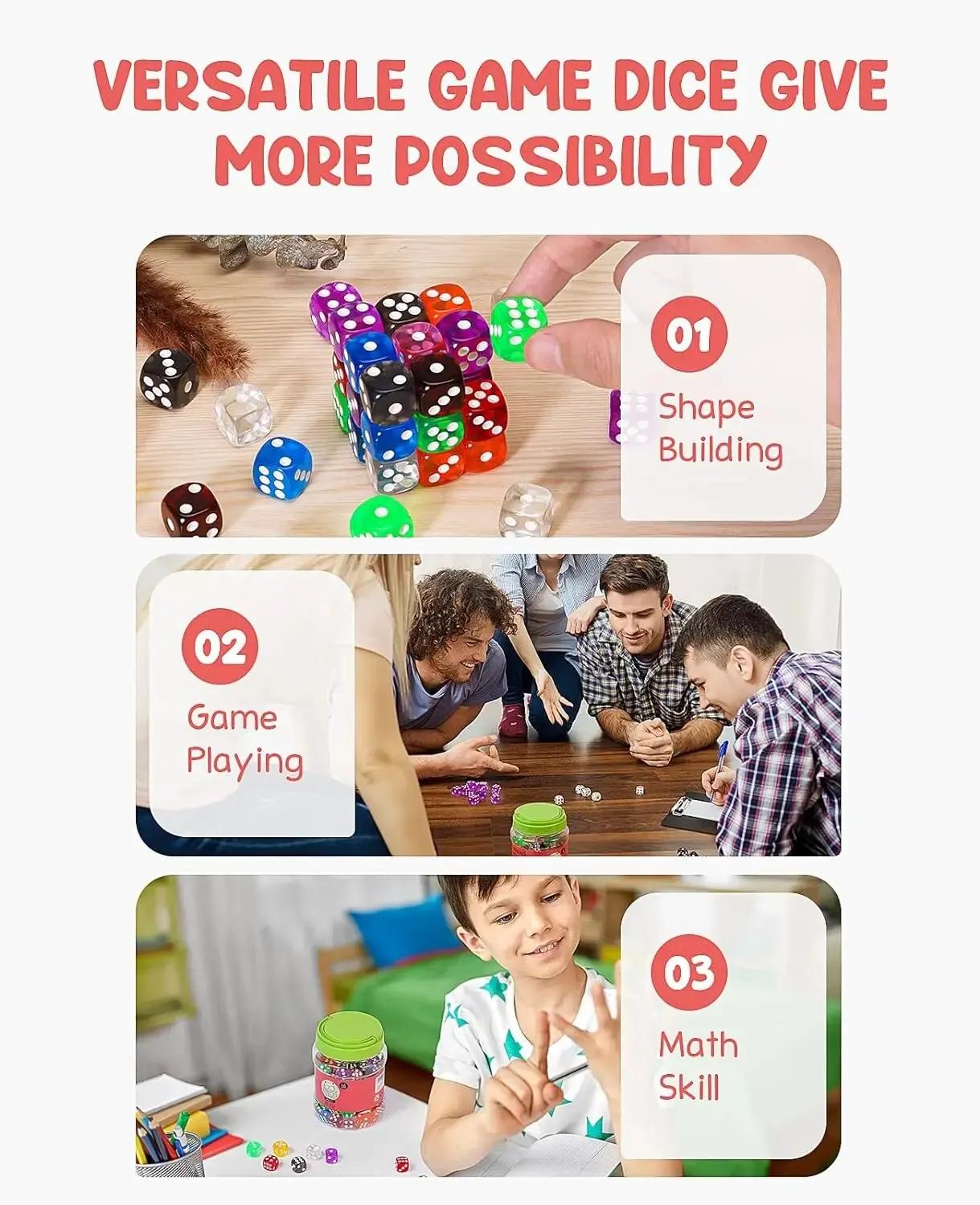 Board Games Math Toys Educational Toys 100 16mm 6 Sided Dice Set for Board Games Math Dice for Classroom with Storage Bucket 10 Colors