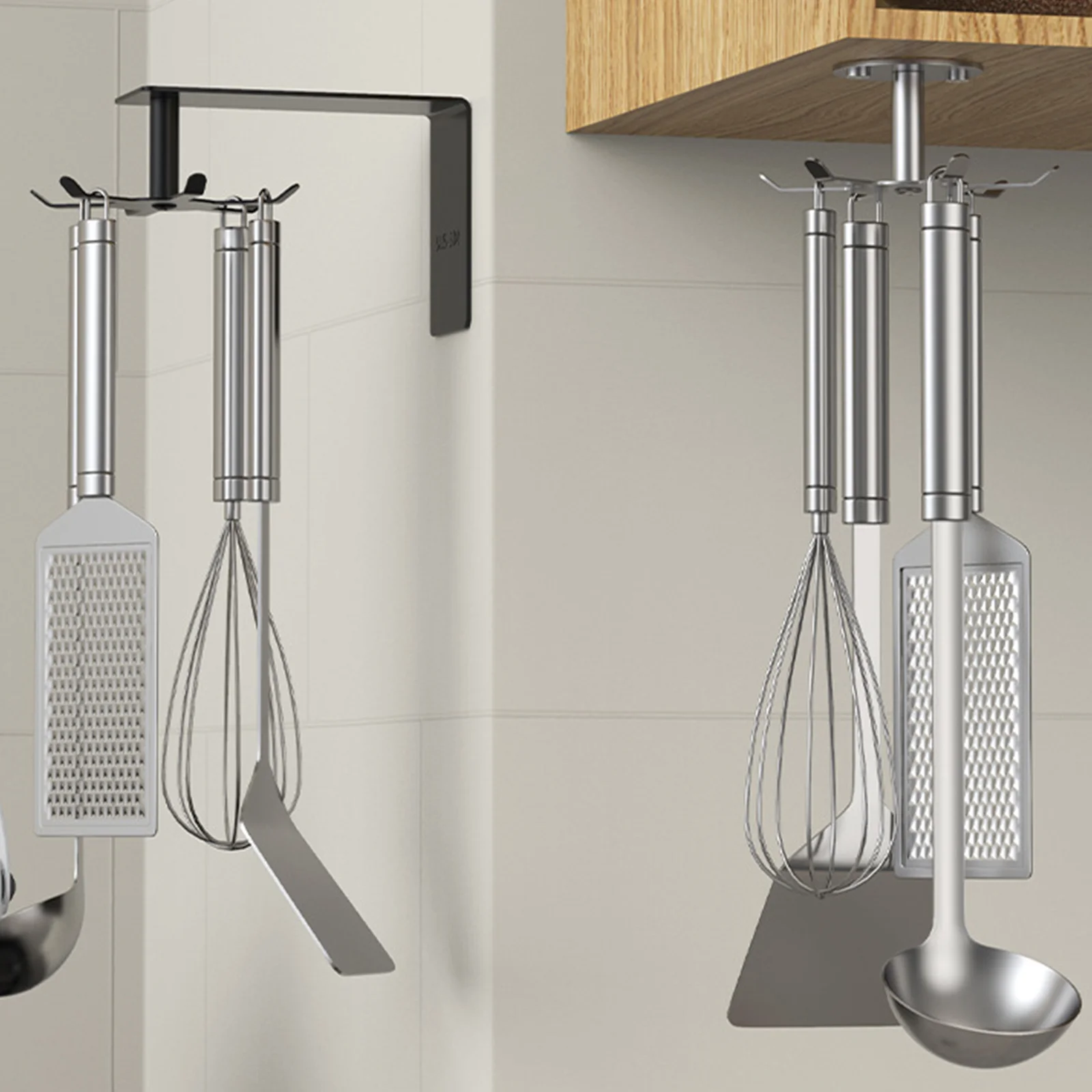 Six Claw Swivel Hook Under Cabinet Multi-functional Wall Hanging Utensil Holder Stainless Steel Spoon Rotating Hangers